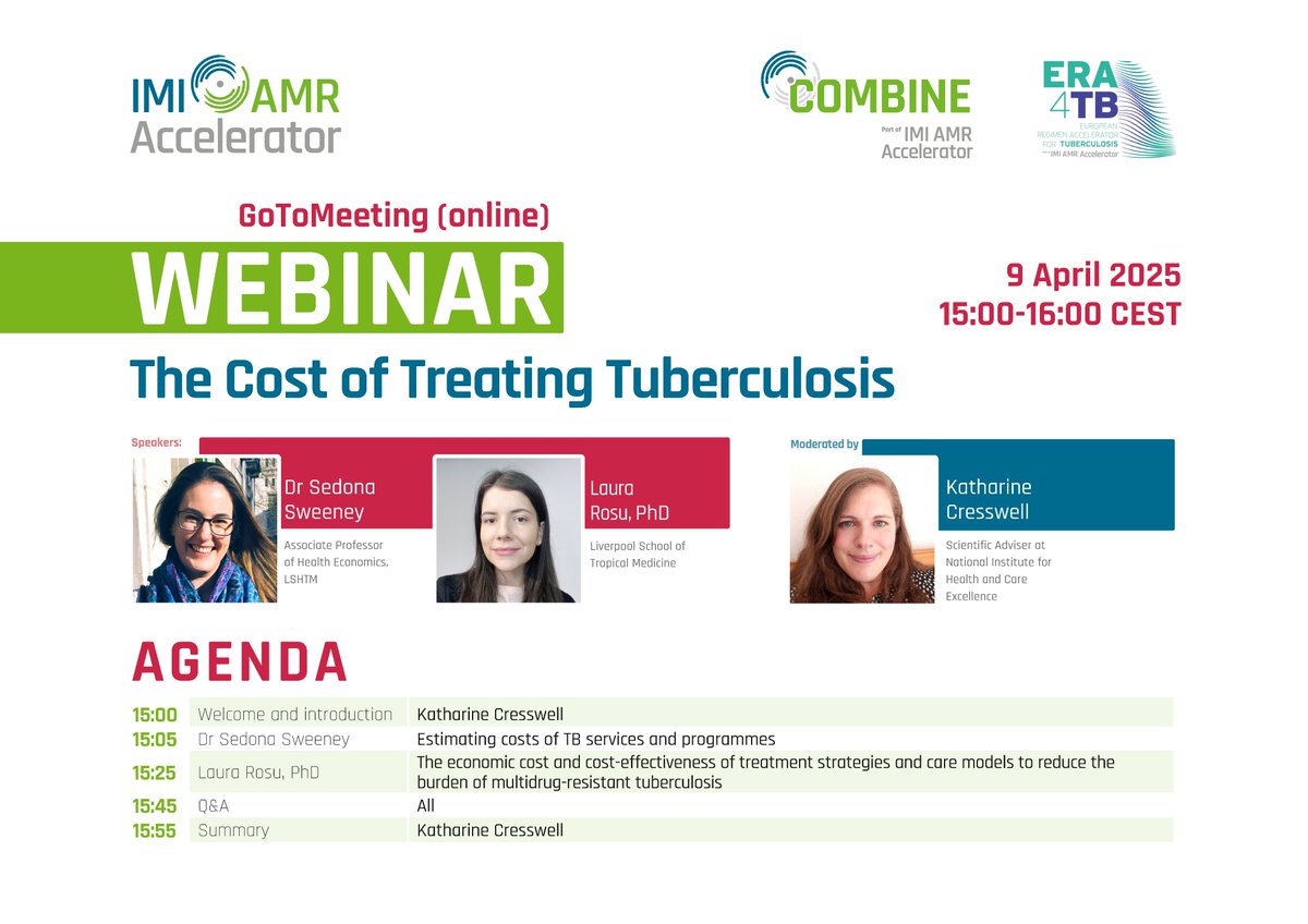 ERA4TB Project (@imi_era4tb) on Twitter photo 📅 SAVE THE DATE!
9 April, 3-4pm 
Join us for our upcoming webinar on the Cost of Treating Tuberculosis. Find out what the actual cost of TB is to healthcare systems & how health economics can help inform plans for new treatments.
➡️Register: tinyurl.com/2k2n6hdb 📅 SAVE THE DATE!
9 April, 3-4pm 
Join us for our upcoming webinar on the Cost of Treating Tuberculosis. Find out what the actual cost of TB is to healthcare systems & how health economics can help inform plans for new treatments.
➡️Register: tinyurl.com/2k2n6hdb