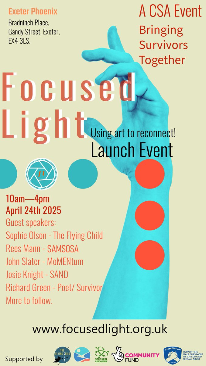 FocusedlightCIC's tweet image. Excited to announce the launch of Focused Light at Exeter Phoenix on April 24, 2025! This event shines a light on CSA awareness, featuring powerful speakers, including Sophie Olson, author of @TheFlyingChild . Join us for this important conversation. #FocusedLight #CSAawareness