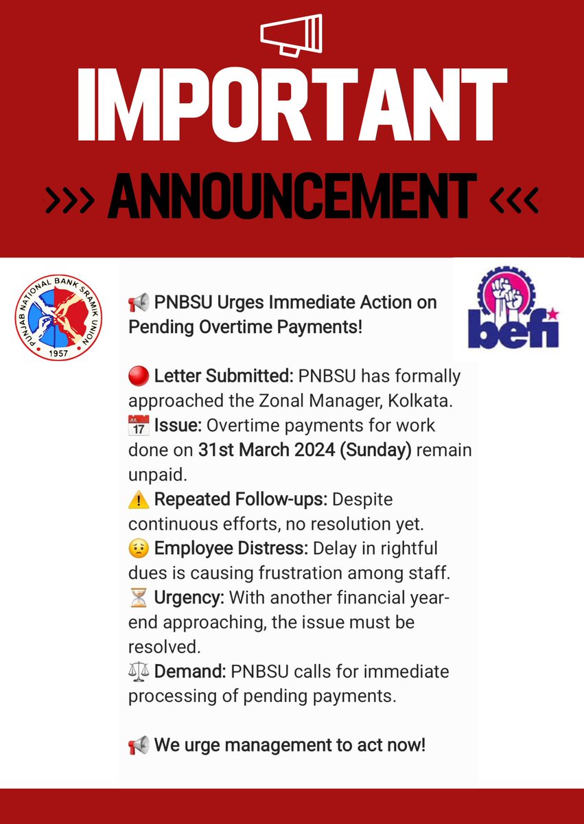 PNBSUWB's tweet photo. ‼️ Urgent: Clear Pending Overtime Dues! 🛑

PNBSU demands immediate payment for 31st March 2024 overtime. Delays are causing employee distress as yet another financial year end approaches —management must act NOW!

#PNBSU #PayNow #BankEmployeesRights #OvertimeDues #ActNow https://t.co/yGNtZIjs2H