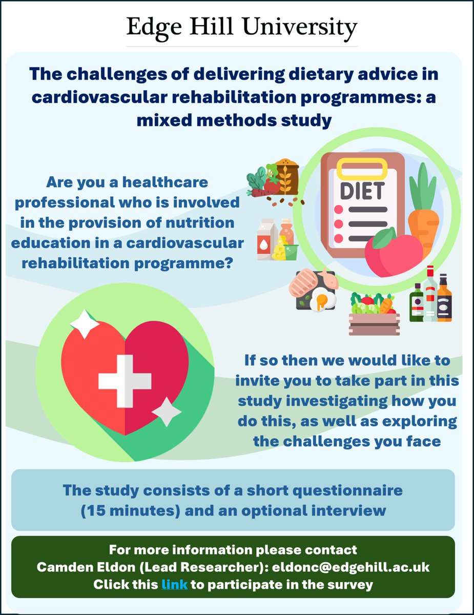 Dr Tom Butler (@drtom_butler) on Twitter photo If you work in #cardiovascular rehab then please take part in our survey, looking to explore the challenges with delivering nutrition education in this setting
app.onlinesurveys.jisc.ac.uk/s/edgehill/the…
Please R/T
<a href="/bacpr/">BACPR</a> <a href="/ACNAPPresident/">ACNAPPresident</a> <a href="/BritishCardioSo/">British Cardiovascular Society</a> <a href="/BDA_Dietitians/">British Dietetic Association</a> <a href="/efad_org/">EFAD</a> <a href="/trust_indi/">INDI</a> If you work in #cardiovascular rehab then please take part in our survey, looking to explore the challenges with delivering nutrition education in this setting
app.onlinesurveys.jisc.ac.uk/s/edgehill/the…
Please R/T
<a href="/bacpr/">BACPR</a> <a href="/ACNAPPresident/">ACNAPPresident</a> <a href="/BritishCardioSo/">British Cardiovascular Society</a> <a href="/BDA_Dietitians/">British Dietetic Association</a> <a href="/efad_org/">EFAD</a> <a href="/trust_indi/">INDI</a>