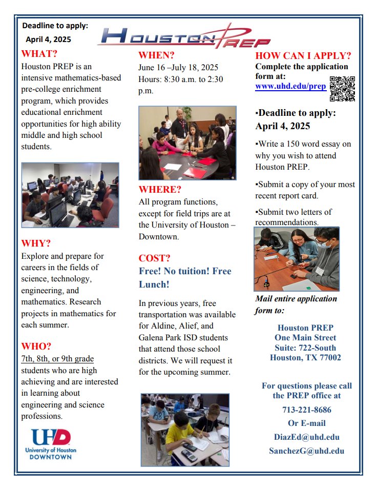 🚀 April 4 Registration Deadline for Free Houston Prep 2025 Summer STEM Program (Grades 7-9) 🚀 Houston PREP is an intensive, mathematics-based pre-college enrichment program for high-achieving middle and high school students.