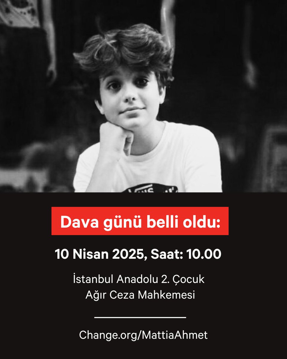 Mattia Ahmet Minguzzi'nin katillerinin emsal bir kararla en ağır cezayı alması ve 18 yaş altı suçlarda ailelerin de yargılanabilmesi için 150 bine yakın kişi imzaladı. 

Ailenin adalet mücadelesine destek olmak için, imzala paylaş:

✏️chng.it/Jq7sfZ2V

#MattiaAhmetMinguzzi
