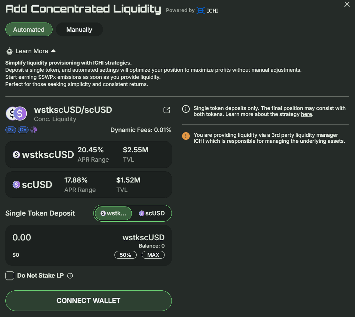 6⃣ LP wstkscUSD-scUSD on <a href="/SwapXfi/">SwapX</a>

SwapX uses a similar CLMM model but have simplified management thanks to <a href="/ichifoundation/">ICHI</a>.

What this means for you:
📌 ~20% APR
📌 12x Sonic Points
📌 36x Rings Points

See here: swapx.fi/earn

Difficulty: 🟨 (but now 🟩)