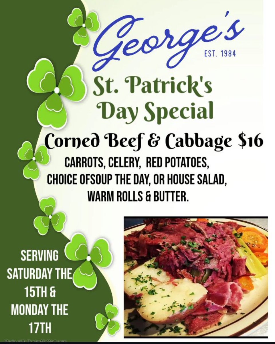 GeorgesDining's tweet photo. ☘️ ST. PATRICK’S DAY SPECIAL – DON’T MISS OUT! ☘️

Get ready, food lovers—our famous Corned Beef &amp; Cabbage is BACK, and it’s better than ever! We’re serving up this hearty, mouthwatering feast with all the fixings:
#CornedBeefAndCabbage #IrishEats #LuckyYou #FoodieFavorites https://t.co/1vdWJShEIH