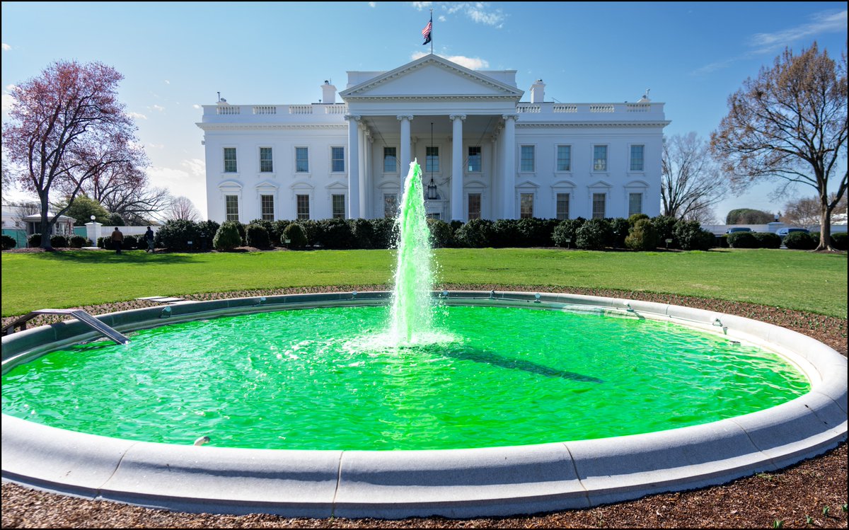 The White House dyed the North Lawn fountain green to mark St. Patrick's Day.