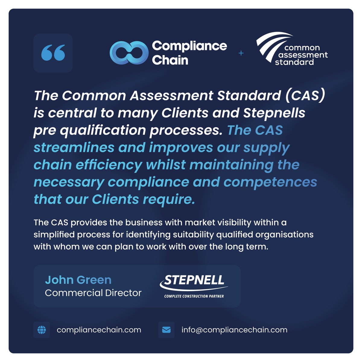 Compliance Chain is 1 of only 7 Recognised Assessment Bodies certified to assess companies against the Common Assessment Standard (CAS).

We spoke to <a href="/Stepnellltd/">Stepnell</a> to hear why they choose to assess against CAS 👇🏻