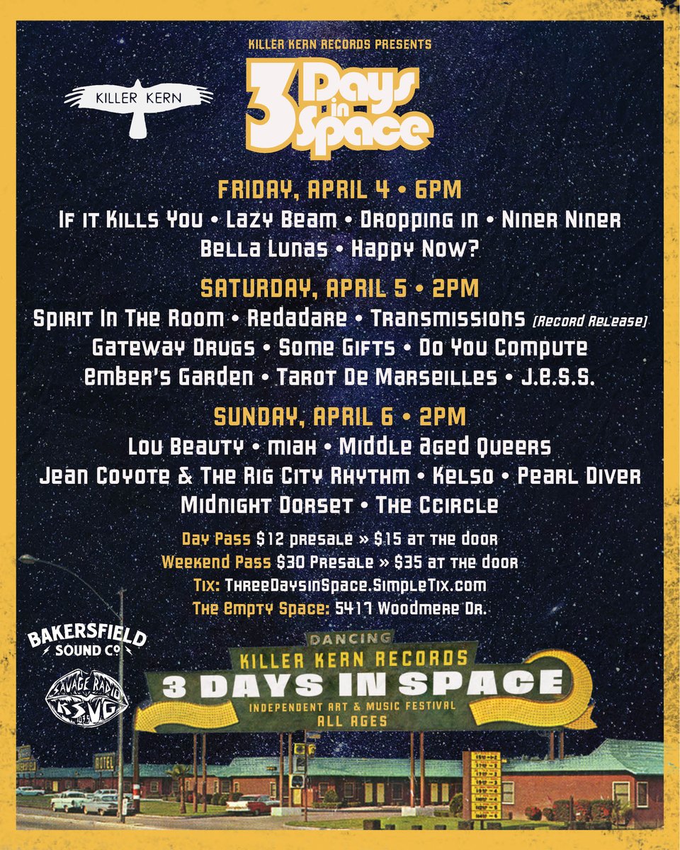 3 Days in Space is a fantastic and fun independent art and music festival. We’re in the lineup this year. Tickets available now! #indierock #bakersfield

threedaysinspace.simpletix.com