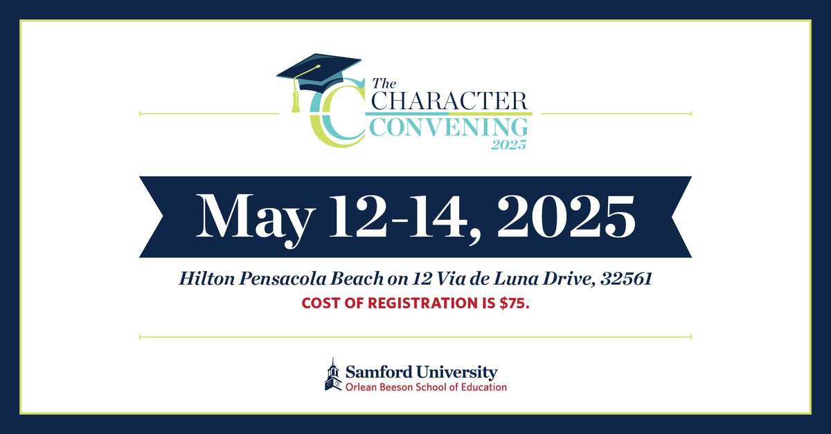 Join us 🗓️ May 12-14 at the Hilton Pensacola Beach Resort 🏖️ for the 6th annual Character Convening. 🌟 

Theme: "Caught, Taught, Sought." Keynote: Dr. Liz Gulliford. Register by April 12. 

Learn More: samford.edu/education/news…