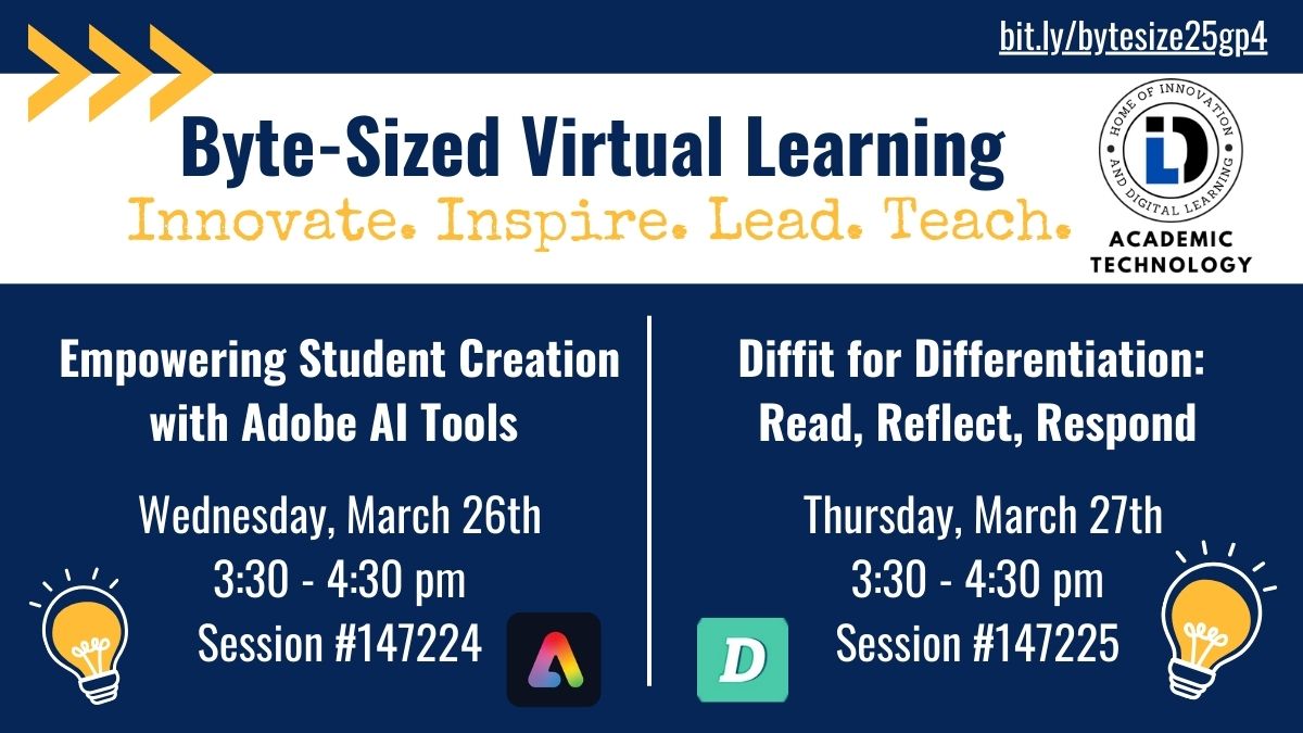 Ready to innovate your teaching? Join us for:
🚀 "Empowering Student Creation with Adobe AI Tools" on March 26th from 3:30-4:30 pm
📖 "Diffit for Differentiation: Read, Reflect, Respond" on March 27th from 3:30-4:30 pm!
🌟 Register now: bit.ly/bytesize25gp4
#NISDInnovate
