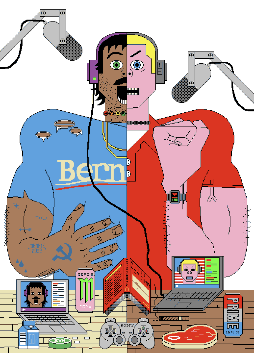 A full page illustration for The New Yorker about political podcasts for men: