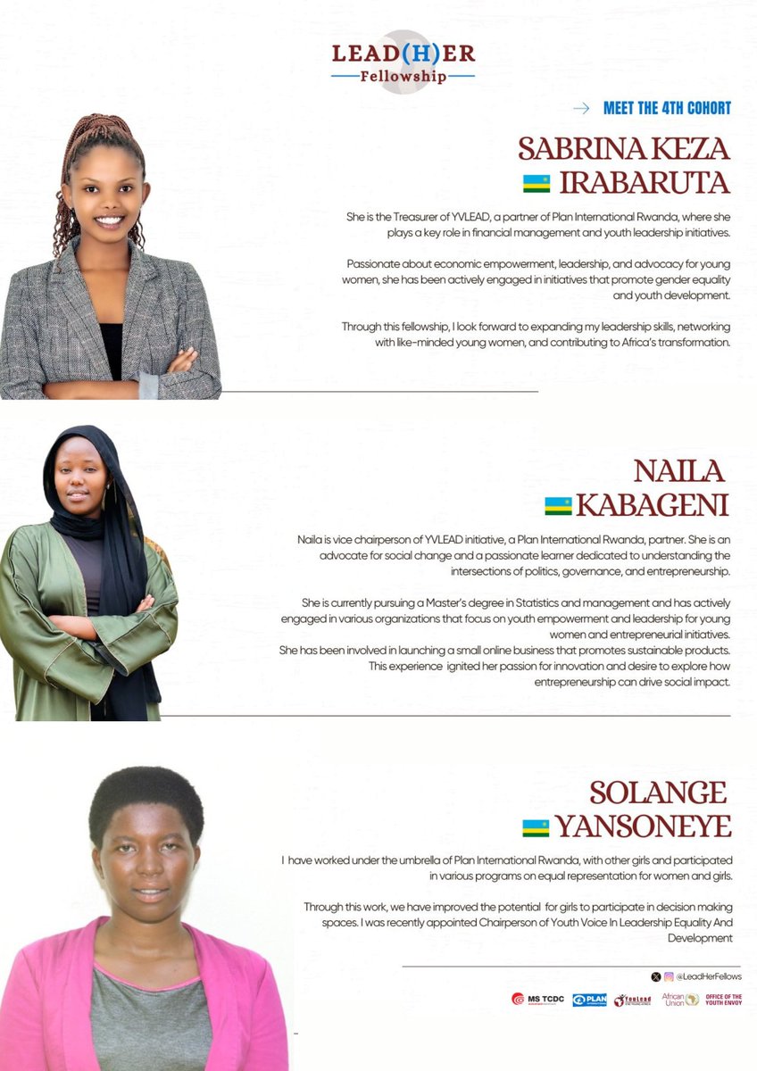 📢 Good news! 

Three young women leaders - Sabrina, Naila, and Solange - participants in <a href="/PlanRwanda/">Plan International Rwanda</a>’s girls’ leadership initiatives and its new youth-led partner organisation, <a href="/YvleadOrg/">YVLEAD Organization</a>, will be in the 4th Cohort of the #LeadHer Fellowship, organised in partnership with