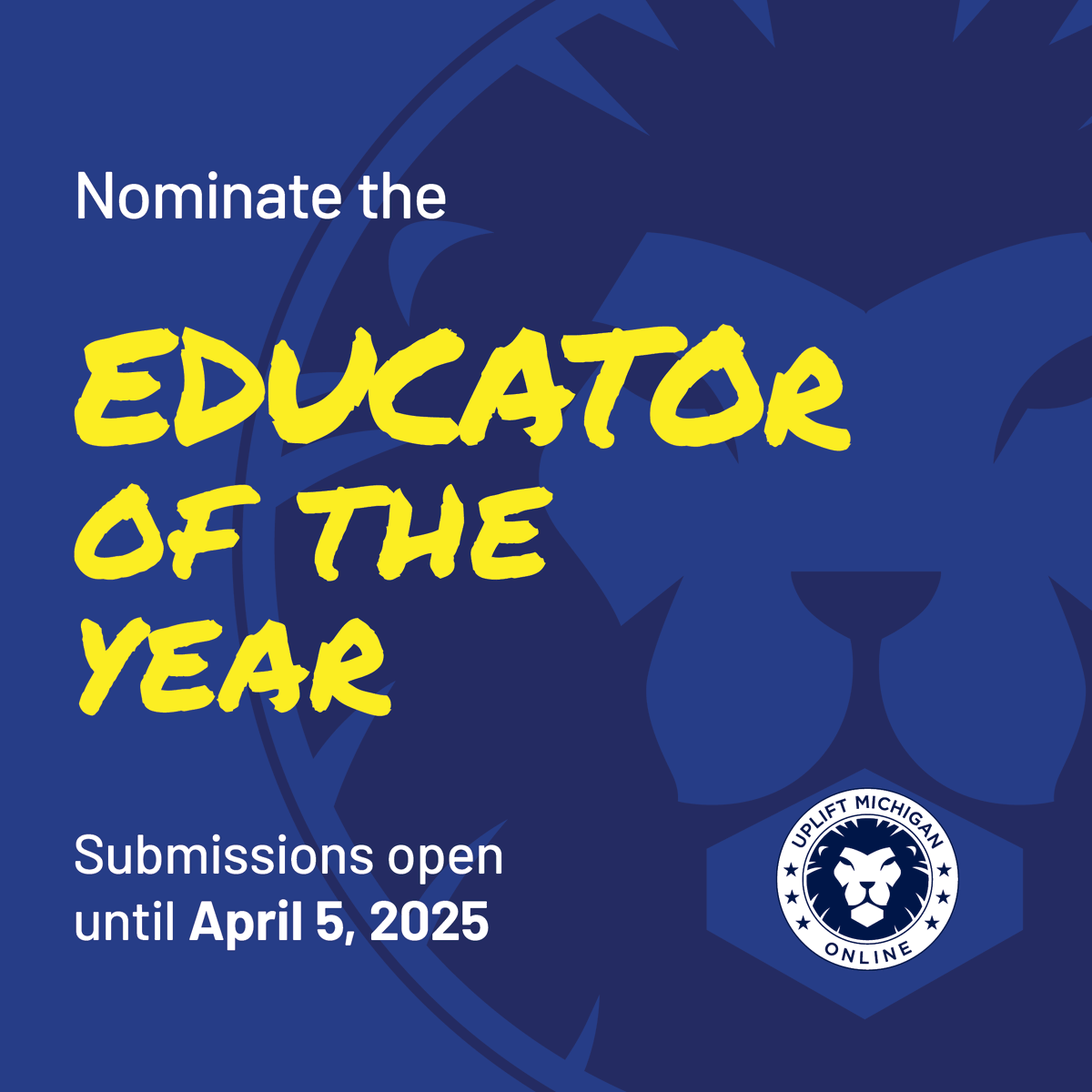 UpliftMichigan's tweet photo. There are only a few days left to get in your nominations! This is a yearly award where staff, students, and families may nominate anyone at Uplift for this prestigious award. We are accepting nominations until April 5th. Submit here: https://t.co/Aq54Bvjuxm https://t.co/UUhOkXOOri