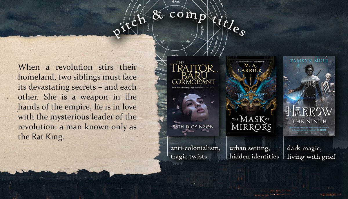 Jo_N_Karla's tweet image. THE TRAITOR BARU CORMORANT × THE MASK OF MIRRORS 

🌑 two siblings on opposing sides of a war
🌕 a queer love that will shatter an empire
🌑 lovecraftian beings beyond human comprehension
🌕 a dark labyrinthine gothic city
🌑 bi mmc, aroace fmc 

#PopUpPitA #LuckyPit #Adult