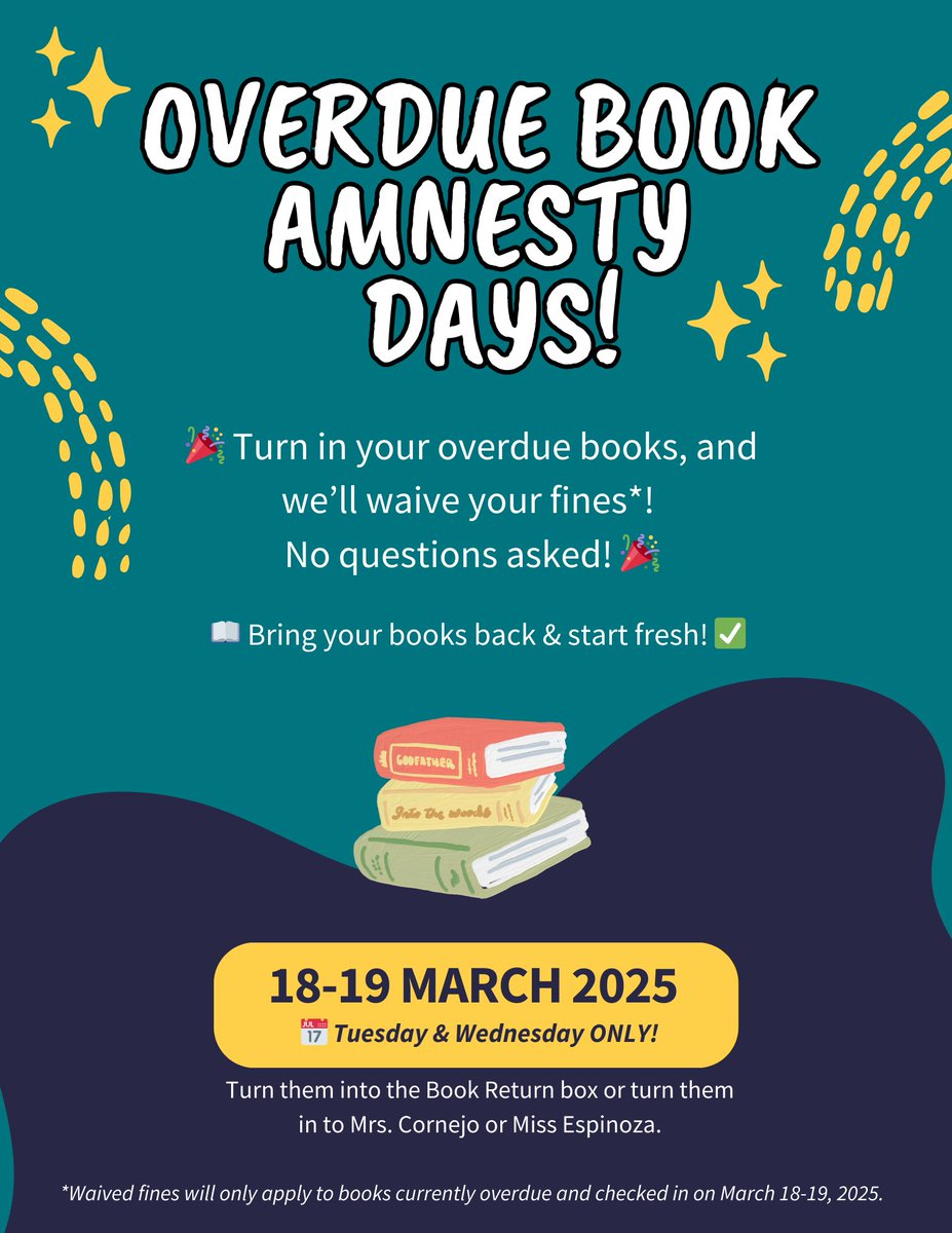 Overdue Book Amnesty Days! 
Got overdue library books? No worries! Return them Tuesday &amp; Wednesday, and we’ll waive your fines—no questions asked! More details in the flyer!
Don’t miss this chance to start fresh—after Wednesday, fines stay on your account! 
#HSHPILC