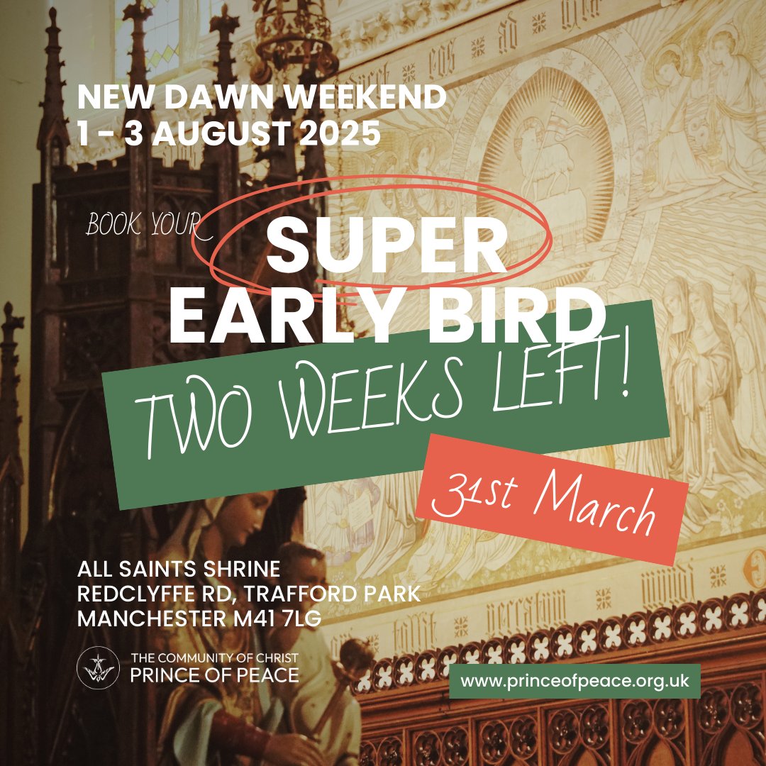 Our super early bird discount ends in two weeks. Book now at booking.princeofpeace.org.uk. Adult tickets currently £30. Children (5-17) £15. Under 5s go FREE. Come and join us for a weekend of encounter, renewal, hope and joy in Jesus Christ! ❤️Saint Patrick, pray for us. 📷