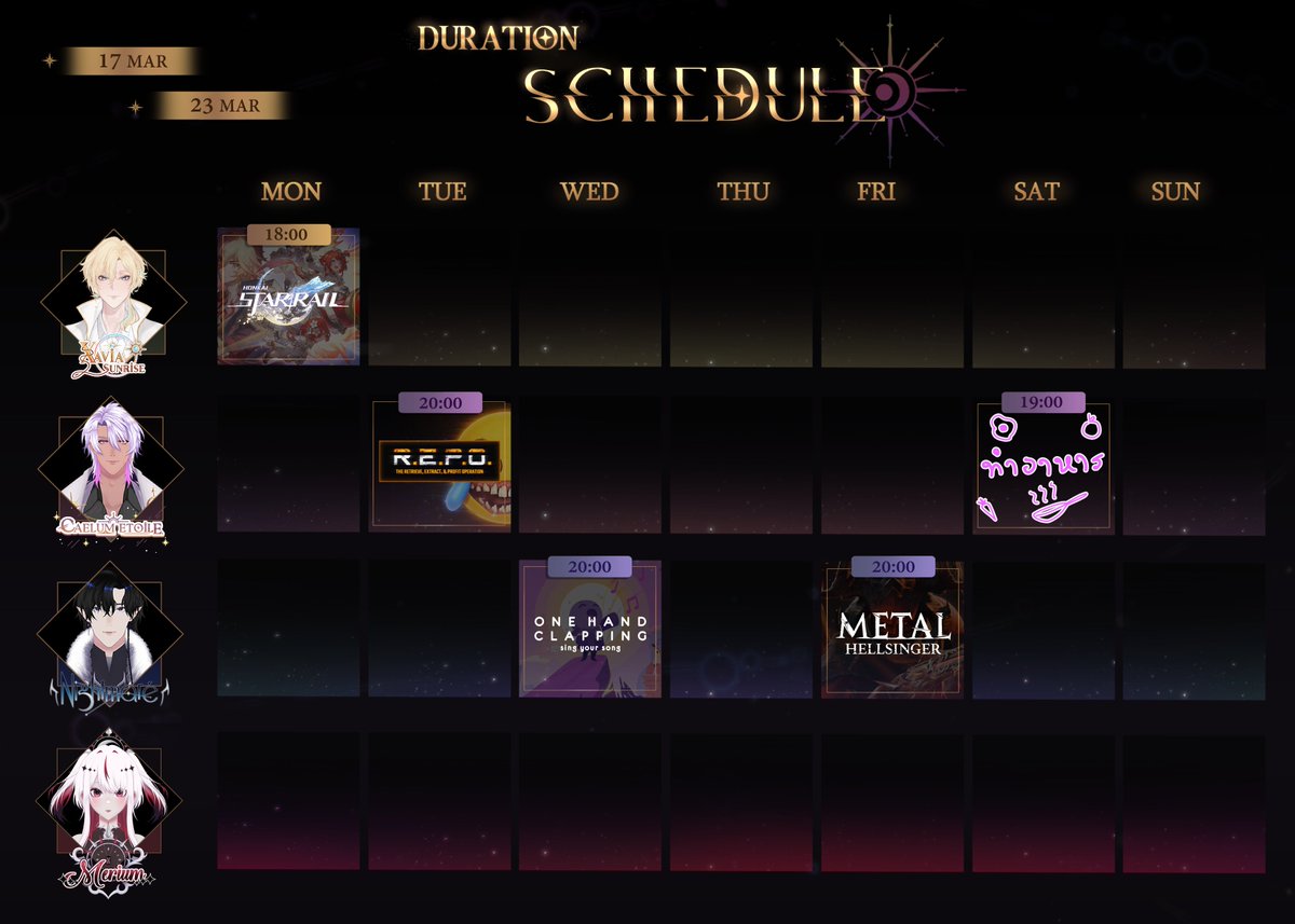 Duration_Vtuber's tweet photo. 📌 ตารางไลฟ์ประจำสัปดาห์ 17 มี.ค. - 23 มี.ค.        

**ตารางอาจมีการเปลี่ยนแปลงสามารถติดตามได้ที่บัญชี X ของแต่ละคน        

#Vtuber #VtuberTH #Xavia #Caelumlum #NightmareDRT #MeriumDRT #Duration_Project https://t.co/kK6VYnxEJU
