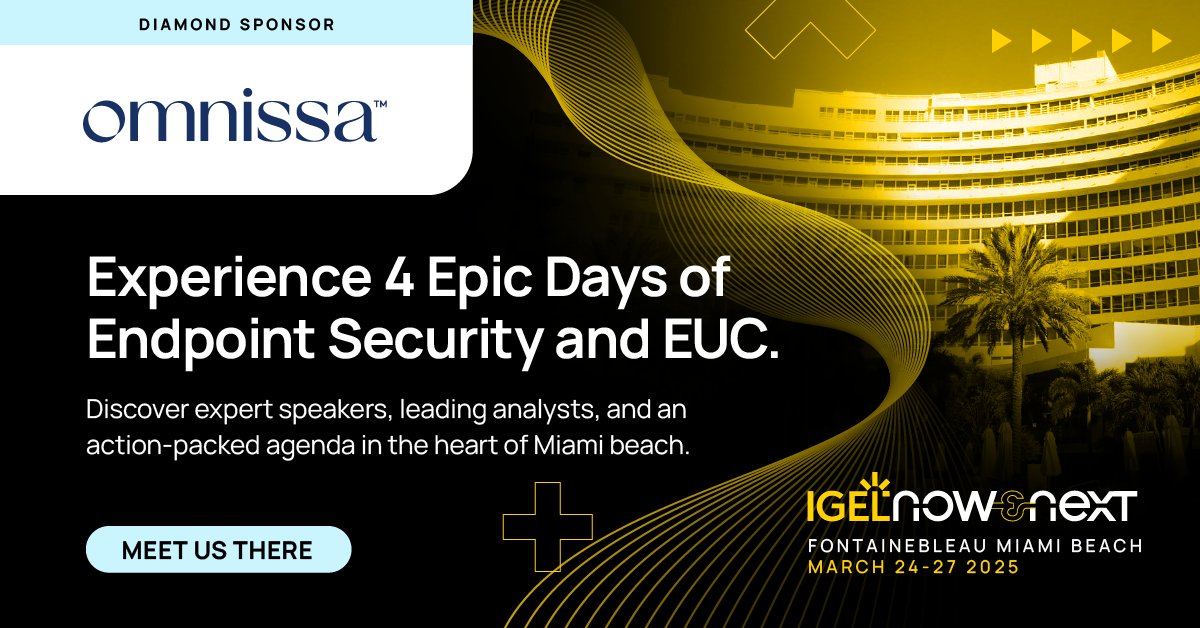 WeAreOmnissa's tweet image. Headed to @IGEL_Technology #NowAndNext25? So are we.

This is your chance to get personalized #digitalemployeeexperience demos, expert consultations, and exclusive SWAG. 😎

Secure your spot and book a 30-minute meeting with us in room #15. bit.ly/4kGJ13e