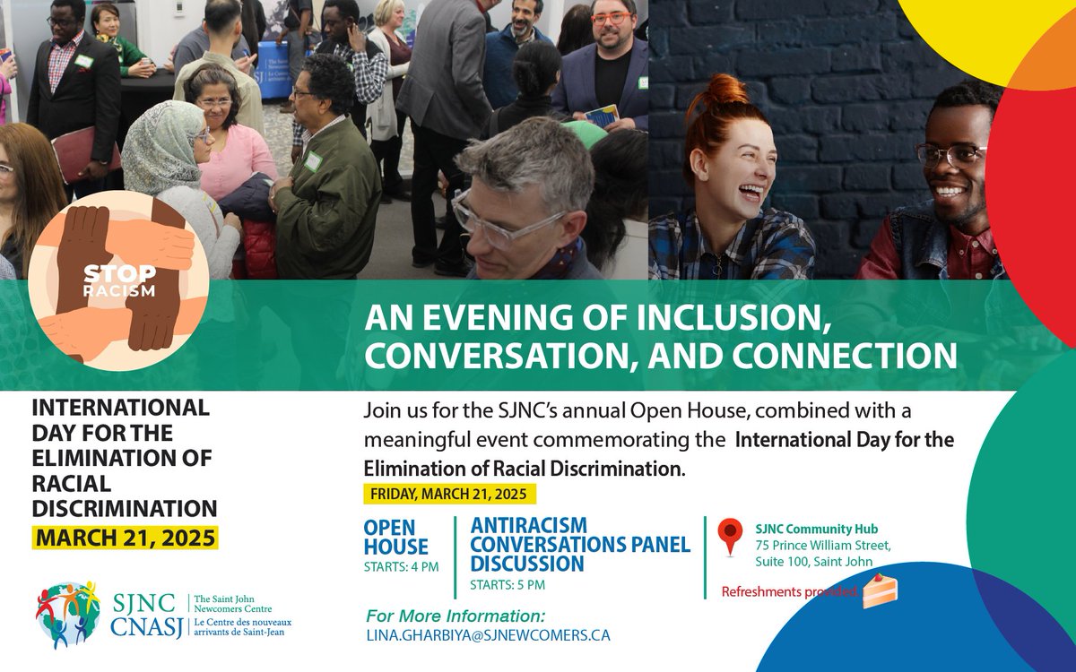 🌍 Join us for "An Evening of Inclusion, Conversation, and Connection" on March 21, 2025. Discuss antiracism &amp; foster a welcoming community. 📅 4:00-6:30 PM AST at SJNC Community Hub. Refreshments provided 🍰 #InclusionMatters #SJNC