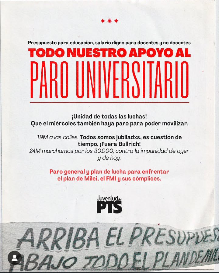 📢Unidad de todas las luchas! 
🌈Por la universidad, los jubilados y los 30 mil! 
👊Paro general y plan de lucha para enfrentar a Milei, el FMI y sus cómplices