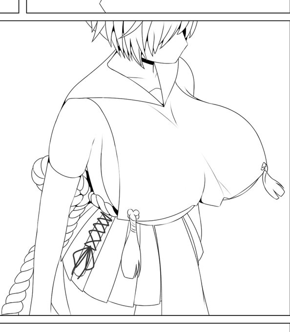 どうにかして腰に巻く縄を描かなくて済むようにと誤魔化そうとしたんだけど構図がそれを許してくれない。っていうのをこの原稿内で何度もくり返してる 