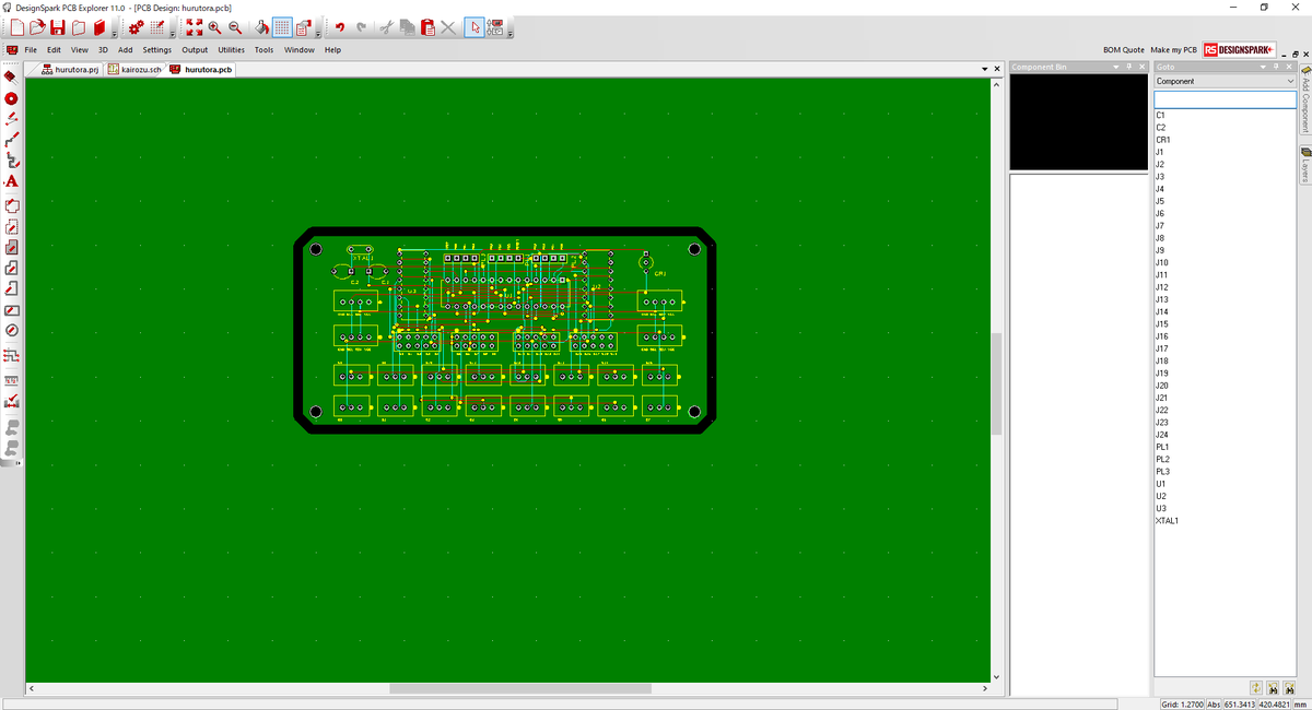 iwashi_471's tweet image. (:.;ﾟ;Д;ﾟ;.:)ﾊｧﾊｧ
CADまじむずい・・・
新しい回路はちょっと複雑になったから今回は4層基板に挑戦したがここまで来るのに丸一日かかったわ・・・
チェック入れたらきっといっぱいエラー出るんだろうなぁ（遠い目）
#VRChat #フルトラ自作 #DesignSparkPCB