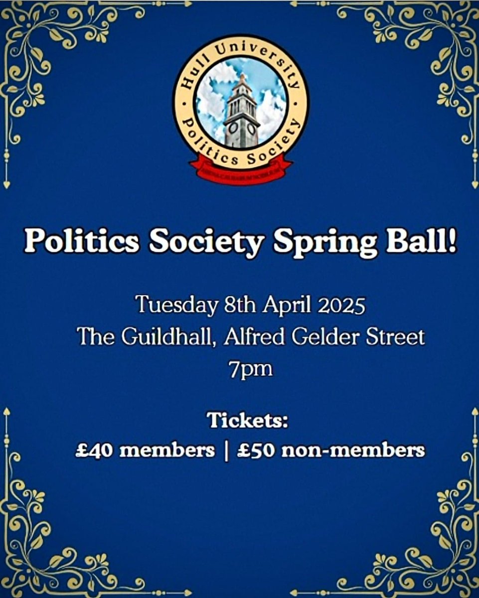 PolSoc are delighted to announce that tickets for our annual society ball at The Guildhall are now on sale! 

The ticket price covers entry to the Guildhall, a welcome drink and a three-course meal. 

Dress code will be black tie! 

Link below ⬇️
hulluniunionevents.native.fm/event/politics…