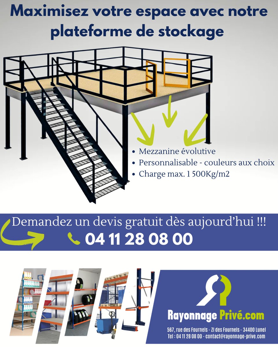 RayonnagePrive's tweet photo. Besoin de plus d’espace sans déménager ?

Optez pour notre plateforme de stockage et maximisez la capacité de votre entrepôt en toute simplicité !!!

☎ 04 11 28 08 00 | ✉ contact@rayonnage-prive.com
#logistique  #plateformeDeStockage #Industrie #OptimisationEspaces https://t.co/I9CR4mEUBh