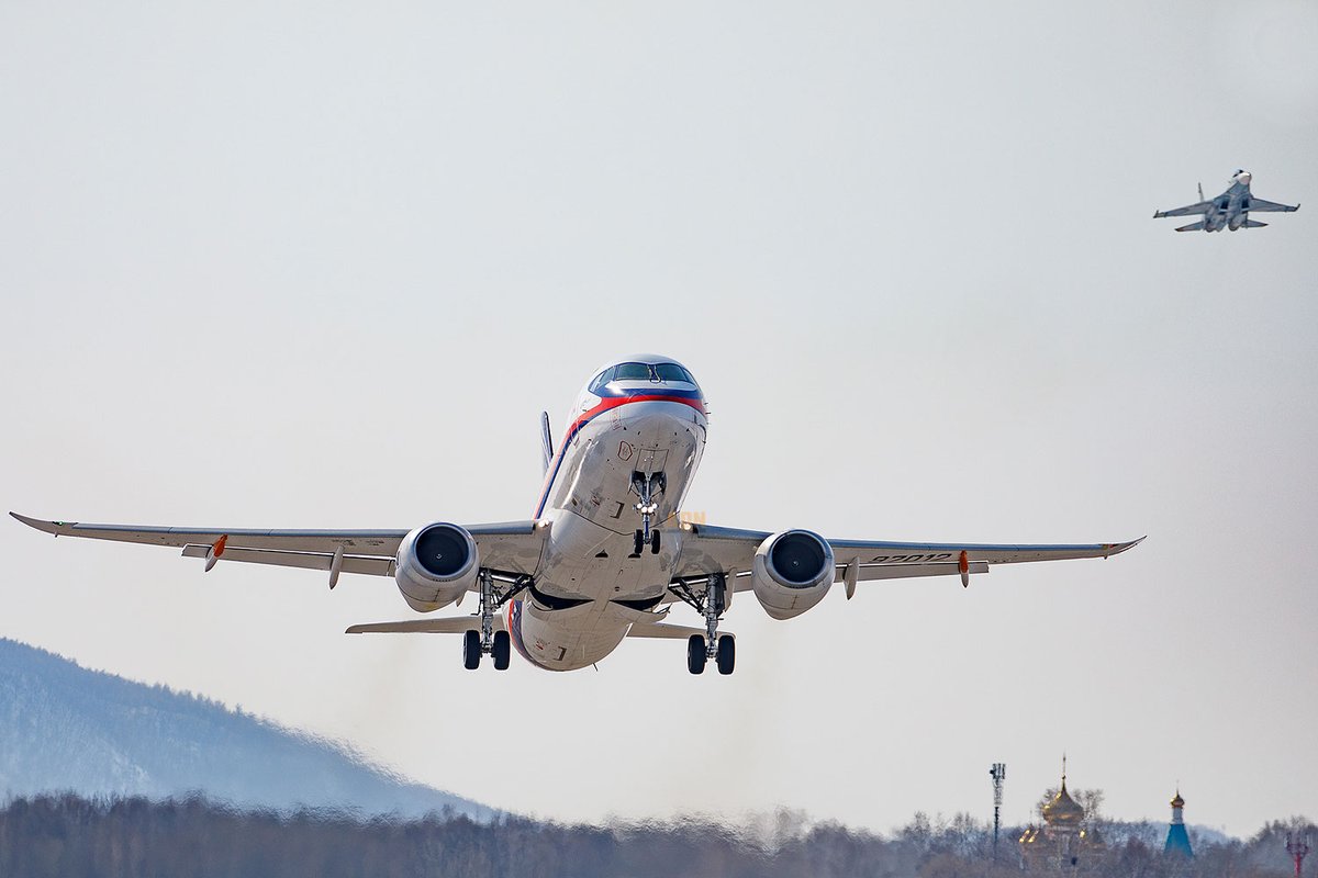 airwayaviation's tweet photo. Superjet jet flies for the first time with Russian PD-8 engine. #PD8 #SJ100 #Superjet #UAC #Yakovlev https://t.co/dAde0Wq1X8 https://t.co/O6PDUDf6Gn
