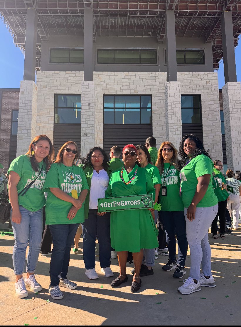Happy St. Gators Day from Transportation…
Our Driver Crew this morning on site @ the new Tomas HS and Banks JH, standing with Ms Ella Banks (Front &amp; Center)

The Crew provided Transportation for Admin, SPED, &amp; Development.

Great Job!!!

#GetEmGators
#GreenTrack

<a href="/LamarCISD/">Lamar CISD</a>
