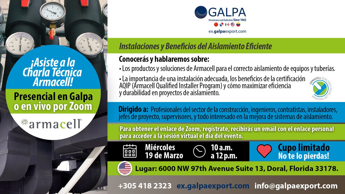 galpaexportmx's tweet photo. Charla Técnica Armacell: Instalaciones y Beneficios del Aislamiento Eficiente

Fecha y hora

Miércoles 19 de marzo
10:00 a.m. – 12:00 p.m.

Lugar: Zoom

https://t.co/gr3PeyEHQM https://t.co/0ymoaGnmbm
