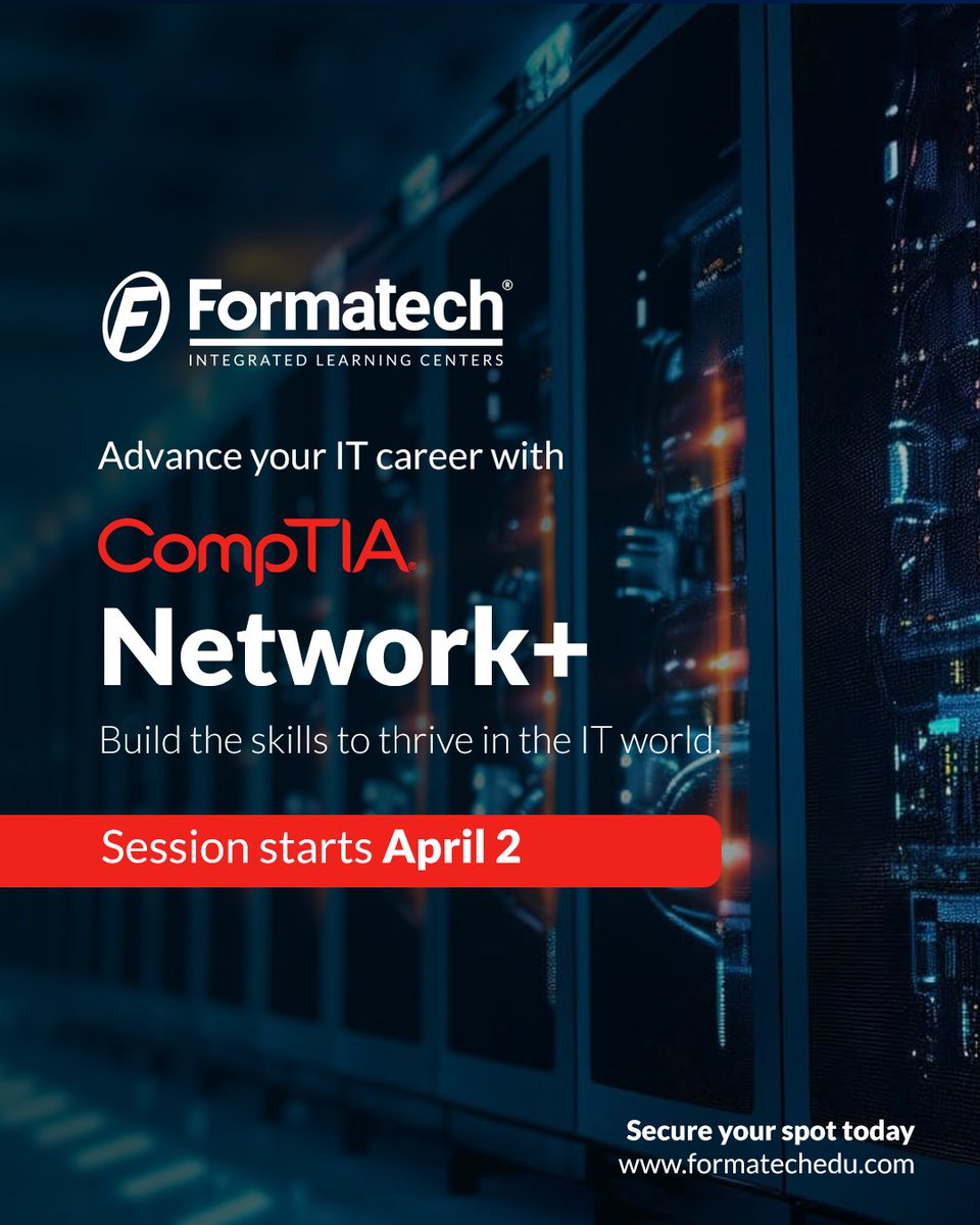formatechedu's tweet image. Thinking about a career in networking?💡

CompTIA Network+ will help you build the right skills to excel in the IT world.

Enroll now: bit.ly/3XvNonN

#Formatech30Years #LearningExcellence #CompTIA