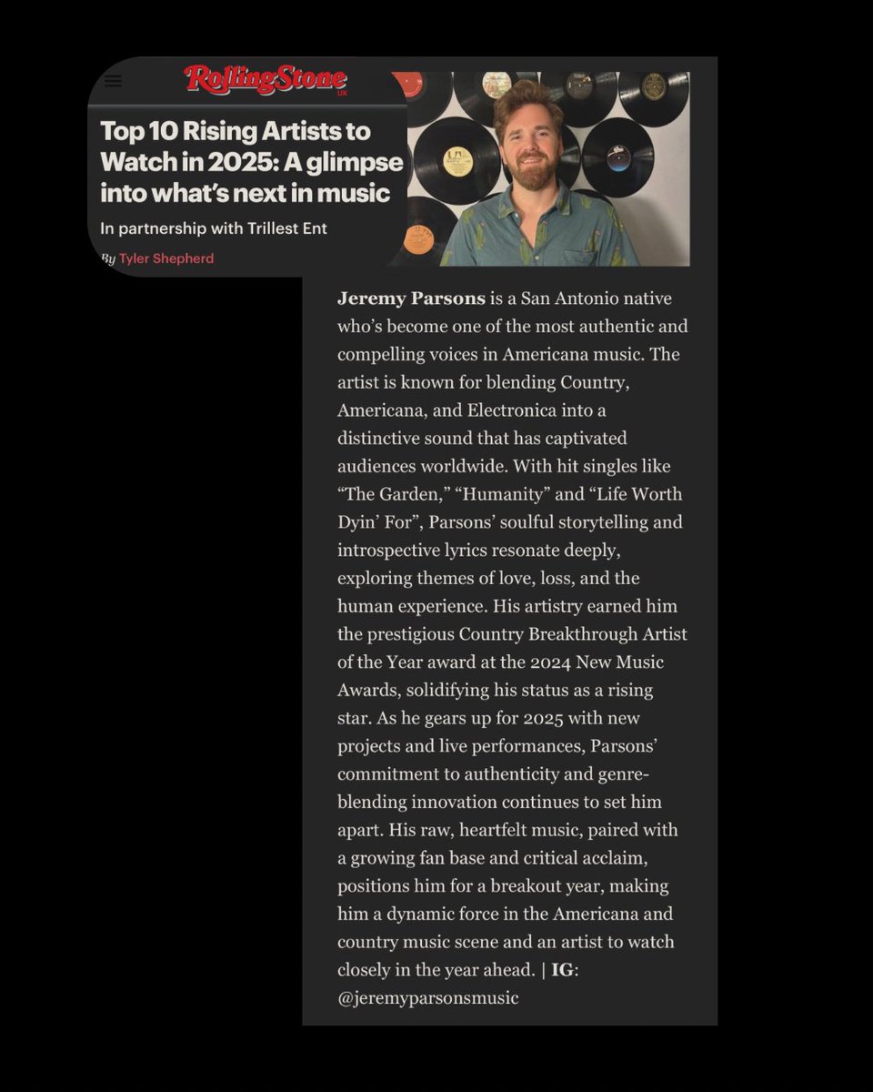 Jeremy Parsons Music (@jmparsonsmusic) on Twitter photo A major shoutout to <a href="/RollingStoneUK/">Rolling Stone UK</a> for this! I'm excited to see what the rest of this year brings, and I'm grateful for all of the awesome stuff that has already come my way! I hope y’all’s week starts off awesome!
#rollingstone #singersongwriter #americana #altcountry #music A major shoutout to <a href="/RollingStoneUK/">Rolling Stone UK</a> for this! I'm excited to see what the rest of this year brings, and I'm grateful for all of the awesome stuff that has already come my way! I hope y’all’s week starts off awesome!
#rollingstone #singersongwriter #americana #altcountry #music