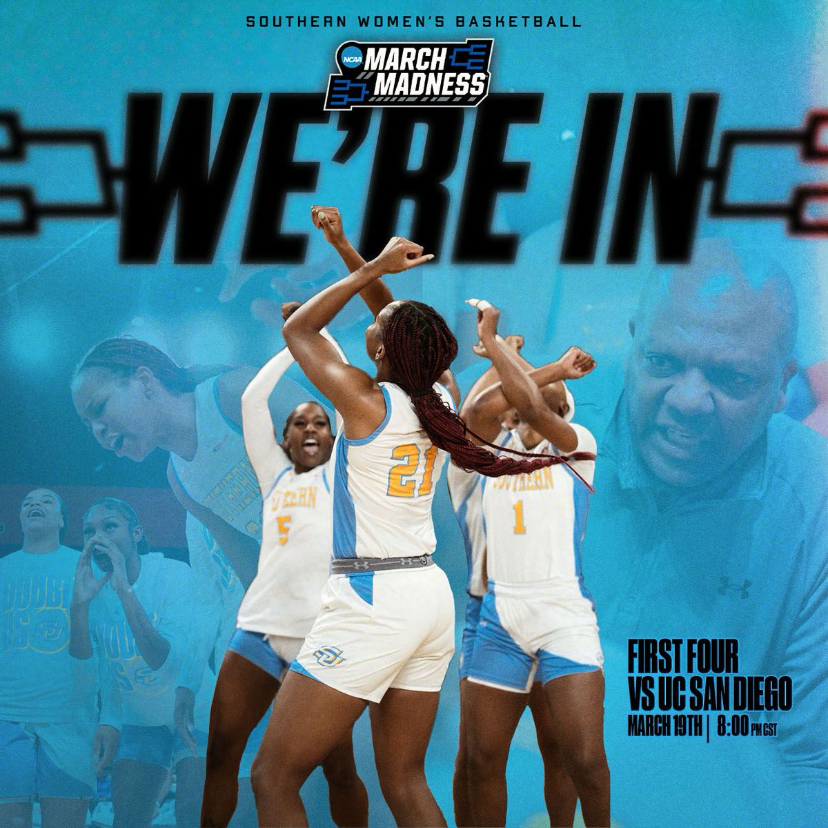 Southwestern Athletic Conference (@theswac) on Twitter photo ๐ฃ๐ฑ๐ฎ๐'๐ป๐ฎ ๐ฐ๐ธ๐ฒ๐ท๐ฐ ๐ญ๐ช๐ท๐ฌ๐ฒ๐ท๐ฐ ๐
The Southern Lady Jaguars have secured the #16 seed and will compete in the First Four of the NCAA Women's Basketball Tournament!
๐๏ธ Wednesday, March 19th
๐ #16 UC San Diego
โฐ 8PM CT
#SWACWBB | #BuildingChampionsForLife ๐ฃ๐ฑ๐ฎ๐'๐ป๐ฎ ๐ฐ๐ธ๐ฒ๐ท๐ฐ ๐ญ๐ช๐ท๐ฌ๐ฒ๐ท๐ฐ ๐
The Southern Lady Jaguars have secured the #16 seed and will compete in the First Four of the NCAA Women's Basketball Tournament!
๐๏ธ Wednesday, March 19th
๐ #16 UC San Diego
โฐ 8PM CT
#SWACWBB | #BuildingChampionsForLife