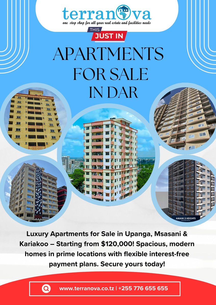 TerranovaEstate's tweet photo. Luxury Apartments for Sale in Upanga, Msasani &amp; Kariakoo – Starting from $120,000! Spacious, modern homes in prime locations with flexible interest-free payment plans. Secure yours today! https://t.co/0nfHfyvc1Z