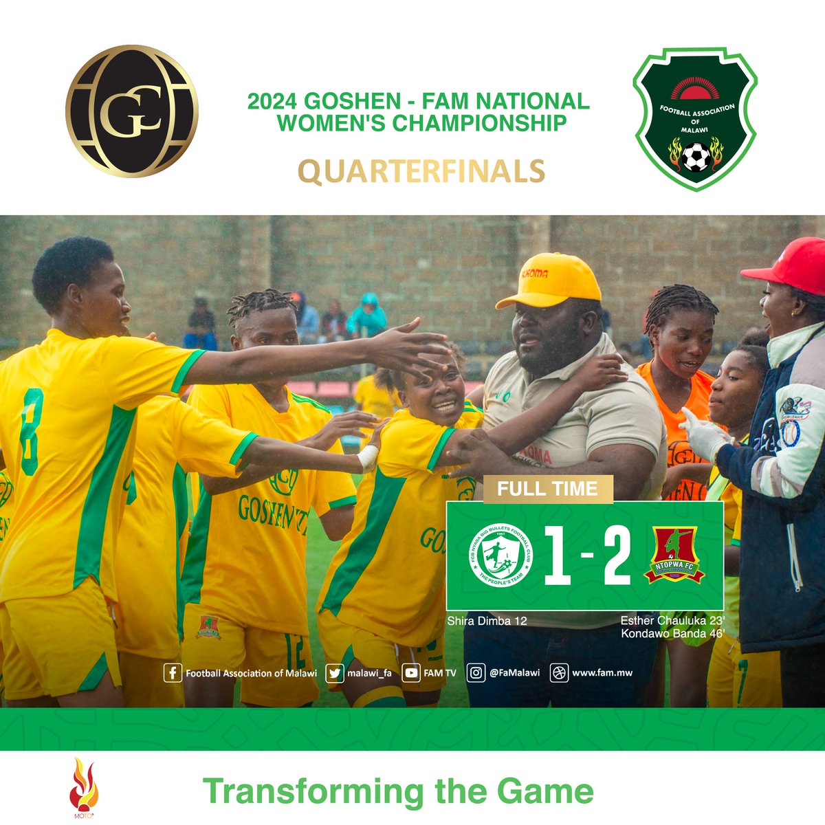 FamWomen's tweet photo. Goshen-FAM National Women's Championship-Quarterfinal 2

FULL TIME 

FCB Nyasa Big Bullets Women 1(Shira Dimba 12') -2 Kukoma Ntopwa Queens ( Esther Chauluka 23', Kondawo Banda 46') https://t.co/CkD2Rvvi46