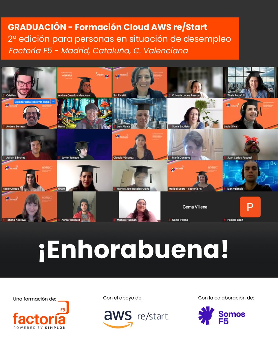 Hace 3 meses, clouders de Cataluña, Valencia y Madrid iniciaron su formación en #Cloud desde cero. Tras 420 horas, completan la 2ª edición del Cloud AWS Nacional de Factoría F5. 🎉 ¡Felicidades! Ahora, a seguir creciendo en el mundo #Tech. 🚀 #AWS #CloudComputing