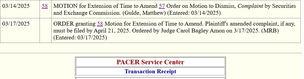 Ok, so she gave the SEC until April 21. It was a toss-up, and I wouldn't have been surprised either way.

Remember, this doesn't mean that the SEC will be able to fix everything that was broken in its Complaint (and there was a lot), it just gave them additional time to see if