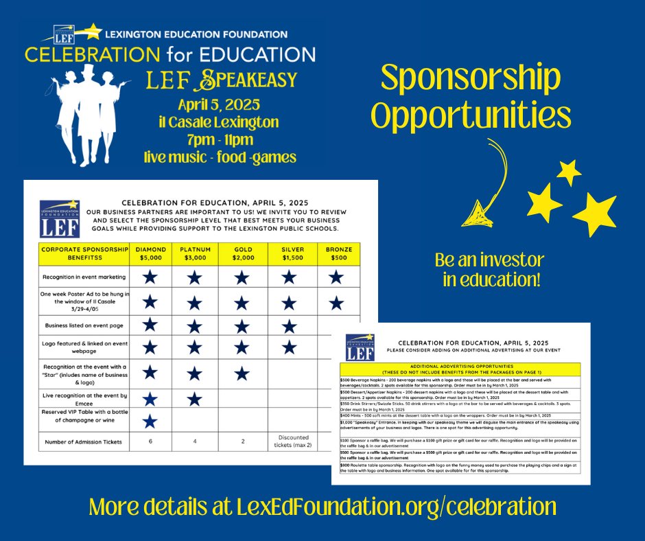 Great LEF Celebration for Education sponsorship opportunities! Tickets still avail but will sell out.  lexedfoundation.org/celebration