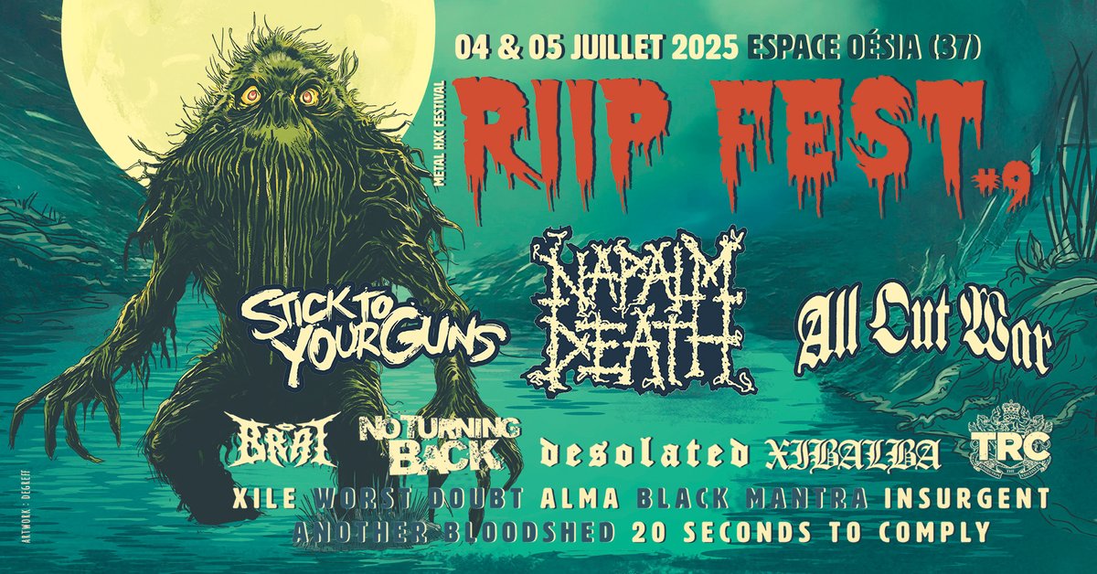 Le Riip Fest 9 se tiendra les 4 et 5 juillet, dans le 37 (Notre-Dame-d'Oe, à coté de Tours), et on pourra y voir Stick To Your Guns, Napalm Death, Worst Doubt, Alma, Black Mantra, Xibalba, Desolated, No Turning Back, TRC, Wile, Insurgent, ...
metalorgie.com/news/179249-le…

#festival