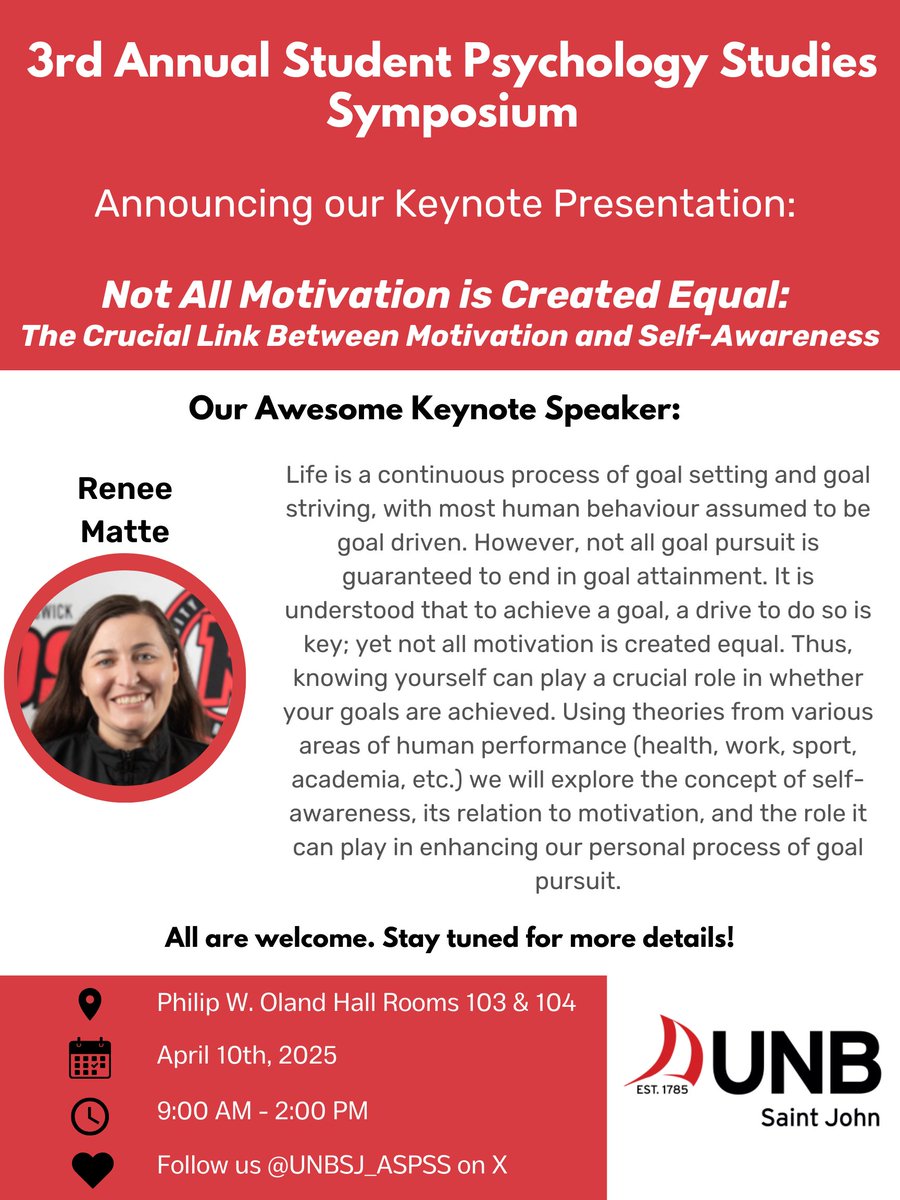 UNBSJ Annual Student Psychology Studies Symposium (@unbsj_aspss) on Twitter photo Announcing this year's keynote speaker: Renee Matte! We can't wait to see the keynote presentation entitled "Not All Motivation is Created Equal: The Crucial Link Between Motivation and Self-Awareness." Save the date! <a href="/UNB/">UNB</a> <a href="/UNBResearch/">UNB Research</a> <a href="/thebaronsj/">The Baron</a> <a href="/UNBSJPsych/">UNBSJ Psych</a> Announcing this year's keynote speaker: Renee Matte! We can't wait to see the keynote presentation entitled "Not All Motivation is Created Equal: The Crucial Link Between Motivation and Self-Awareness." Save the date! <a href="/UNB/">UNB</a> <a href="/UNBResearch/">UNB Research</a> <a href="/thebaronsj/">The Baron</a> <a href="/UNBSJPsych/">UNBSJ Psych</a>