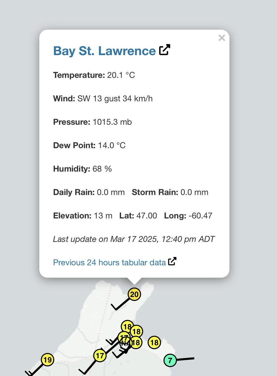 Another 20°+ day in Nova Scotia, with Bay St. Lawrence at 20.1°C as of only 12:40pm #nswx