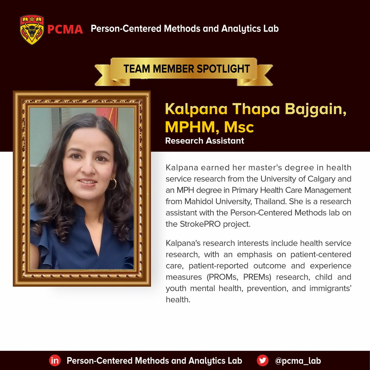 Person-centered Methods and Analytics Lab (@pcma_lab) on Twitter photo TEAM MEMBER SPOTLIGHT
This week's spotlight is on Kaplana Thapa Bajgain, a resourceful research assistant on the strokePRO project, an electronic system for enhancing remote collection of functional and patient-reported outcome measures in stroke trials.
<a href="/dr_sajobi/">Tolu Sajobi</a> TEAM MEMBER SPOTLIGHT
This week's spotlight is on Kaplana Thapa Bajgain, a resourceful research assistant on the strokePRO project, an electronic system for enhancing remote collection of functional and patient-reported outcome measures in stroke trials.
<a href="/dr_sajobi/">Tolu Sajobi</a>