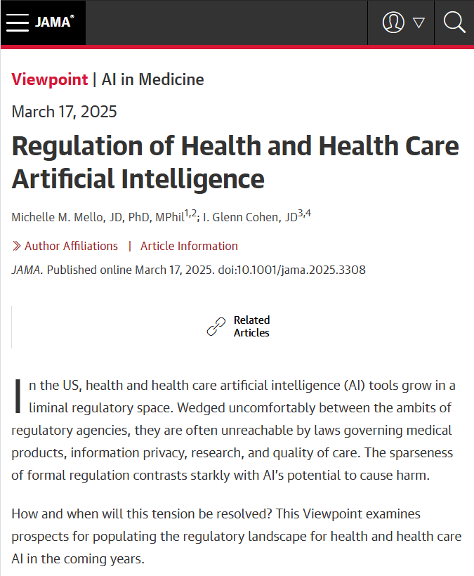 "The sparseness of formal regulation contrasts starkly with AI’s potential to cause harm." 

This Viewpoint examines prospects for populating the regulatory landscape for health and health care AI in the coming years. ja.ma/3DB6SRr