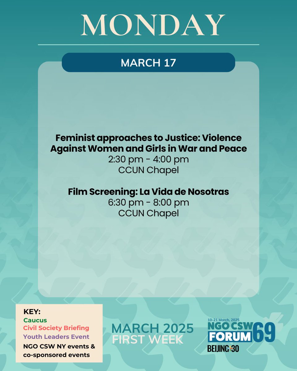 Day 6️⃣ of NGO CSW69 Forum! We're very excited for week 2. Whether you're joining physically or virtually, be sure to check the full calendar on Whova!

#NGOCSW69 #CSW69 #Week2 #Virtual #CCUN #UnitedNations #GenderEquality #MoreImpact #WhoRunTheWorld