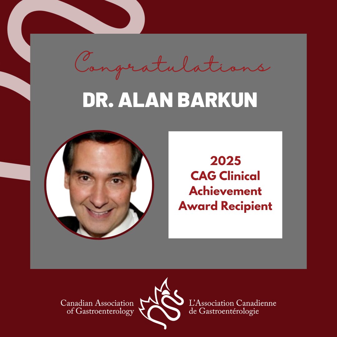 CAG (@cangastroassn) on Twitter photo We are proud to present our first ever Clinical Achievement Award to Dr. Alan Barkun! Thank you for your remarkable contributions to clinical GI. #CAGawards2025 We are proud to present our first ever Clinical Achievement Award to Dr. Alan Barkun! Thank you for your remarkable contributions to clinical GI. #CAGawards2025