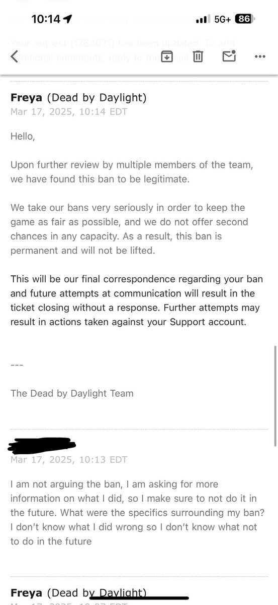 ThePunHitWonder's tweet image. Hey @DeadbyDaylight, I’m not sure the training process for your support people, but “Freya” is very rude and inconsiderate. Was just asking why my partner was given a two-day ban for griefing and how they can avoid it in the future.