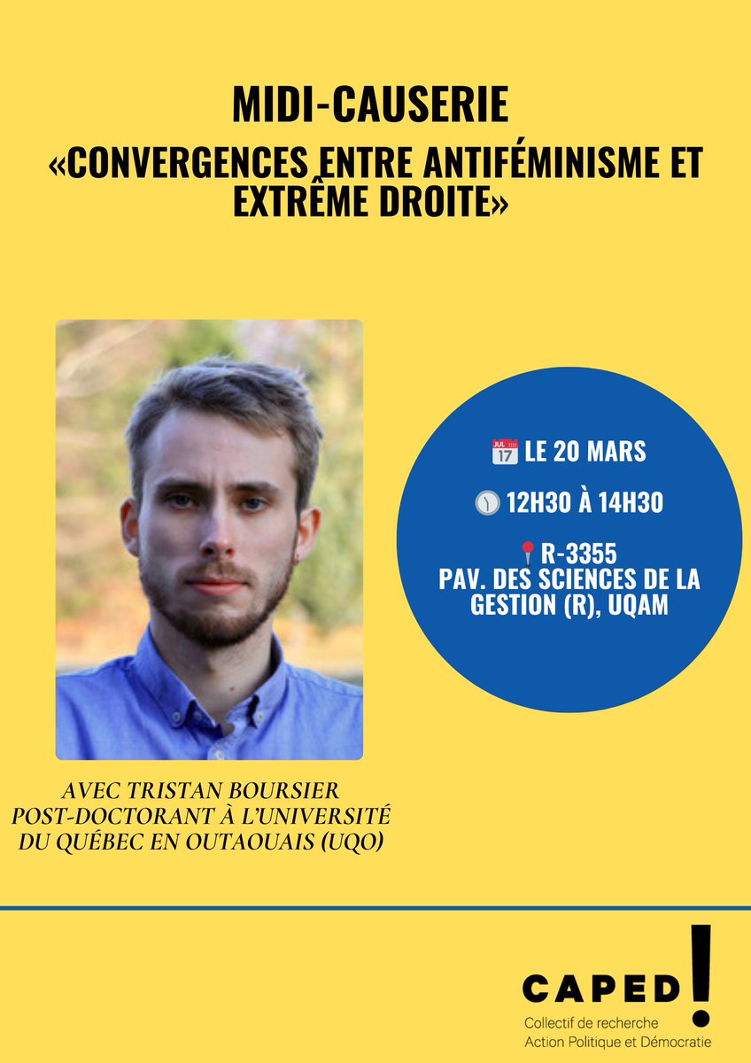 Tristan Boursier (@drusdans) on Twitter photo L’antiféminisme n’est pas qu’un simple rejet du féminisme: il est aussi un levier stratégique pour l’extrême droite en ligne. Dans cette conférence organisé par le <a href="/capedmontreal/">CAPED - Collectif de recherche</a>, j’explore comment les influenceurs mobilisent l’antiféminisme pour attirer, fédérer et radicaliser L’antiféminisme n’est pas qu’un simple rejet du féminisme: il est aussi un levier stratégique pour l’extrême droite en ligne. Dans cette conférence organisé par le <a href="/capedmontreal/">CAPED - Collectif de recherche</a>, j’explore comment les influenceurs mobilisent l’antiféminisme pour attirer, fédérer et radicaliser