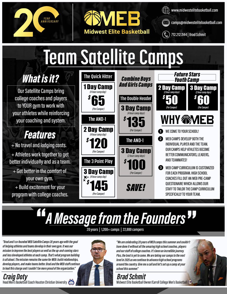 Midwest Elite Bball (@midwestelitebb) on Twitter photo HS COACHES:
The 20th summer of Midwest Elite Basketball camps is gearing up for a huge off season of development. We would love to come work with your program.
Feel free to contact us:
Email: camps@midwestelitebasketball.com
Phone: 712-212-1144
DM direct via X HS COACHES:
The 20th summer of Midwest Elite Basketball camps is gearing up for a huge off season of development. We would love to come work with your program.
Feel free to contact us:
Email: camps@midwestelitebasketball.com
Phone: 712-212-1144
DM direct via X