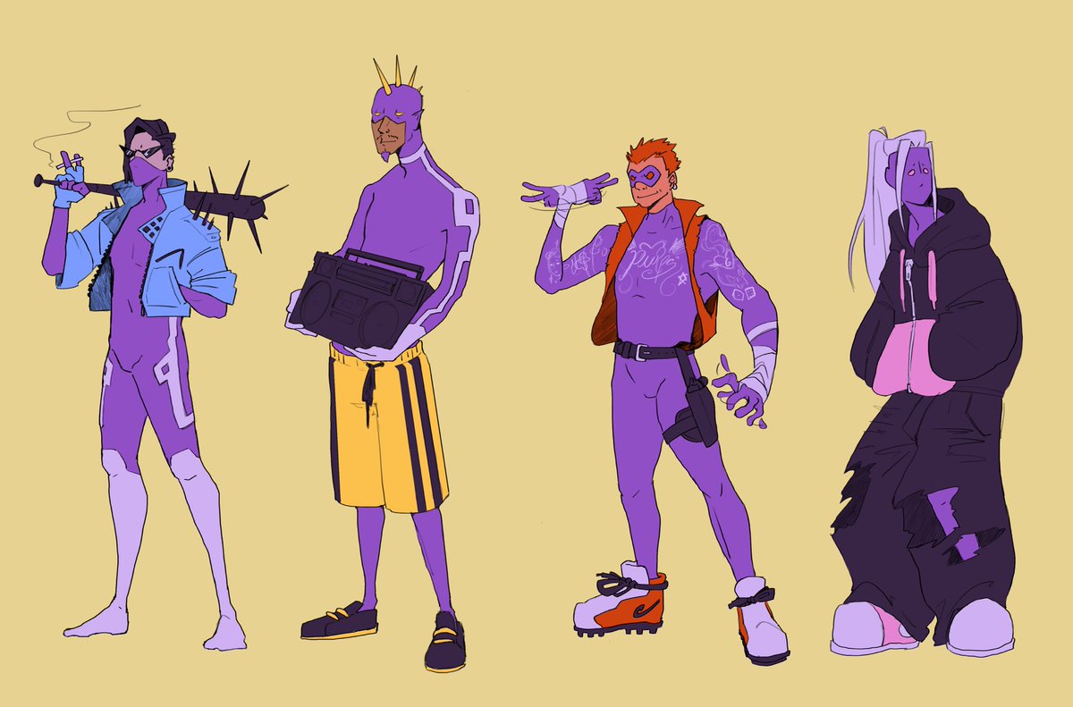 goonglab's tweet image. what if the purps never disbanded?
#JRWIshow #JRWIfanart #primedefenders
I was sitting there tryna come up with these designs like “if only there was a futuristic style of punk, a cyber punk perhaps” I’m stupid. 
I imagine they’d be like mid 20s here?