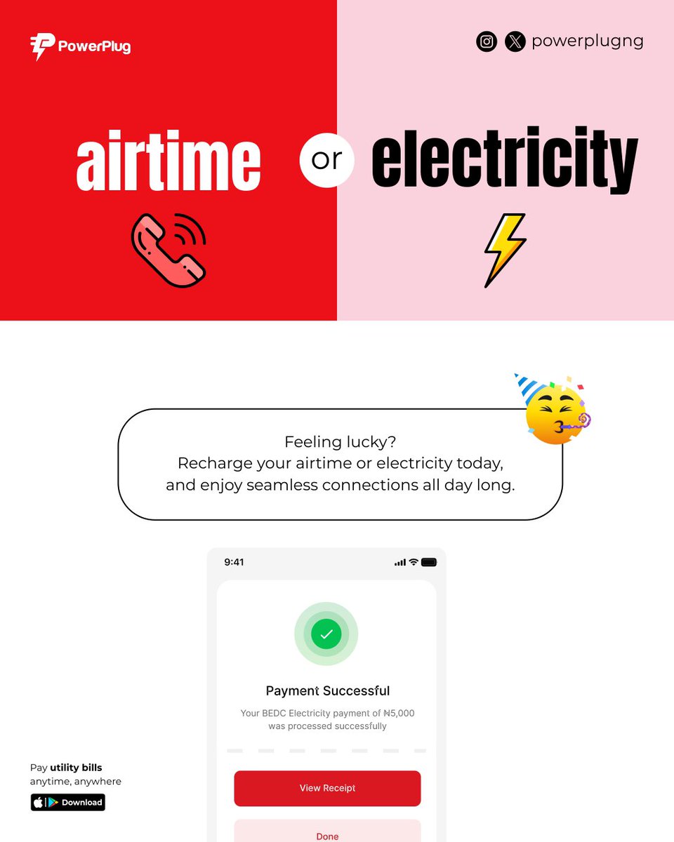 Choose PowerPlug for easy airtime and electricity top-ups—stay connected all day, hassle-free⚡📱💡

#ChoosePowerPlug #seamlessconnections #easyrecharge